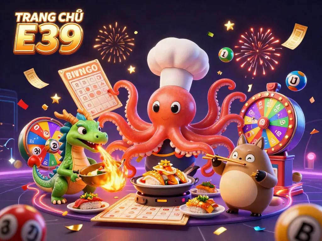 Win big with TRANG CHỦ E39 as the cartoon octopus chef cooks up excitement in a vibrant casino scene.