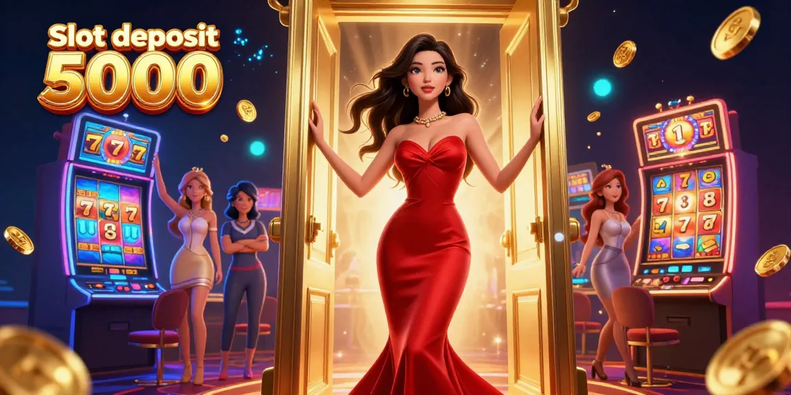 Experience the excitement of Slot deposit 5000 with a stunning casino scene featuring a glamorous woman and vibrant slot machines.