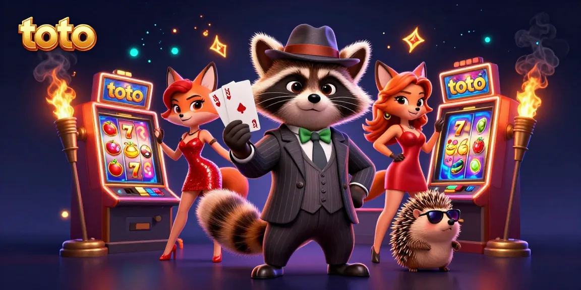 Play toto slot games featuring a raccoon holding a royal flush in a dazzling casino scene.