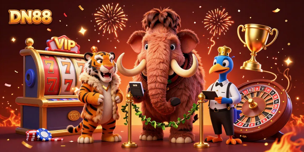 Experience the excitement at DN88 casino with vibrant characters and games in a stunning 3D illustration.
