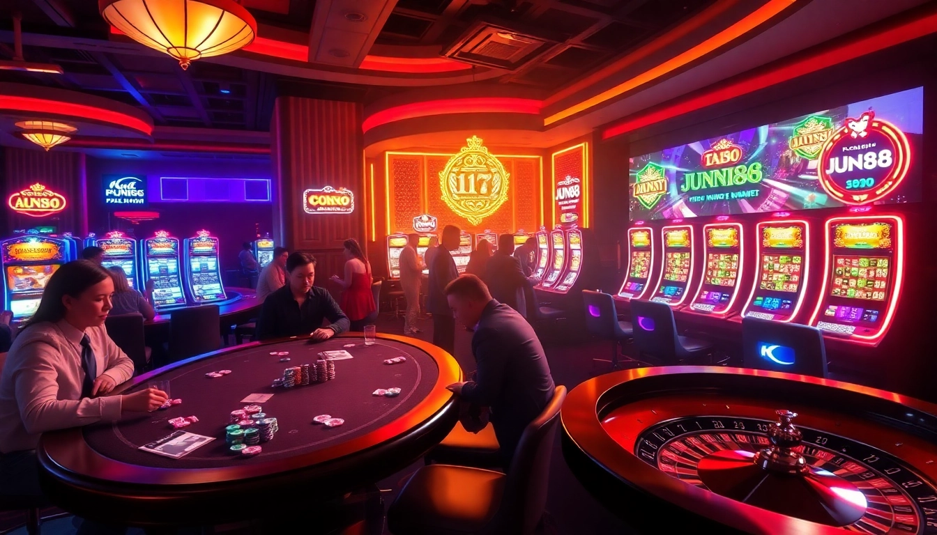 Experience the excitement of nhà cái jun88 at a thrilling casino scene with poker players and slot machines.
