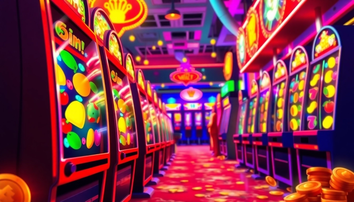 Main Slot Game with bright neon lights and animated fruit symbols yang menarik perhatian.
