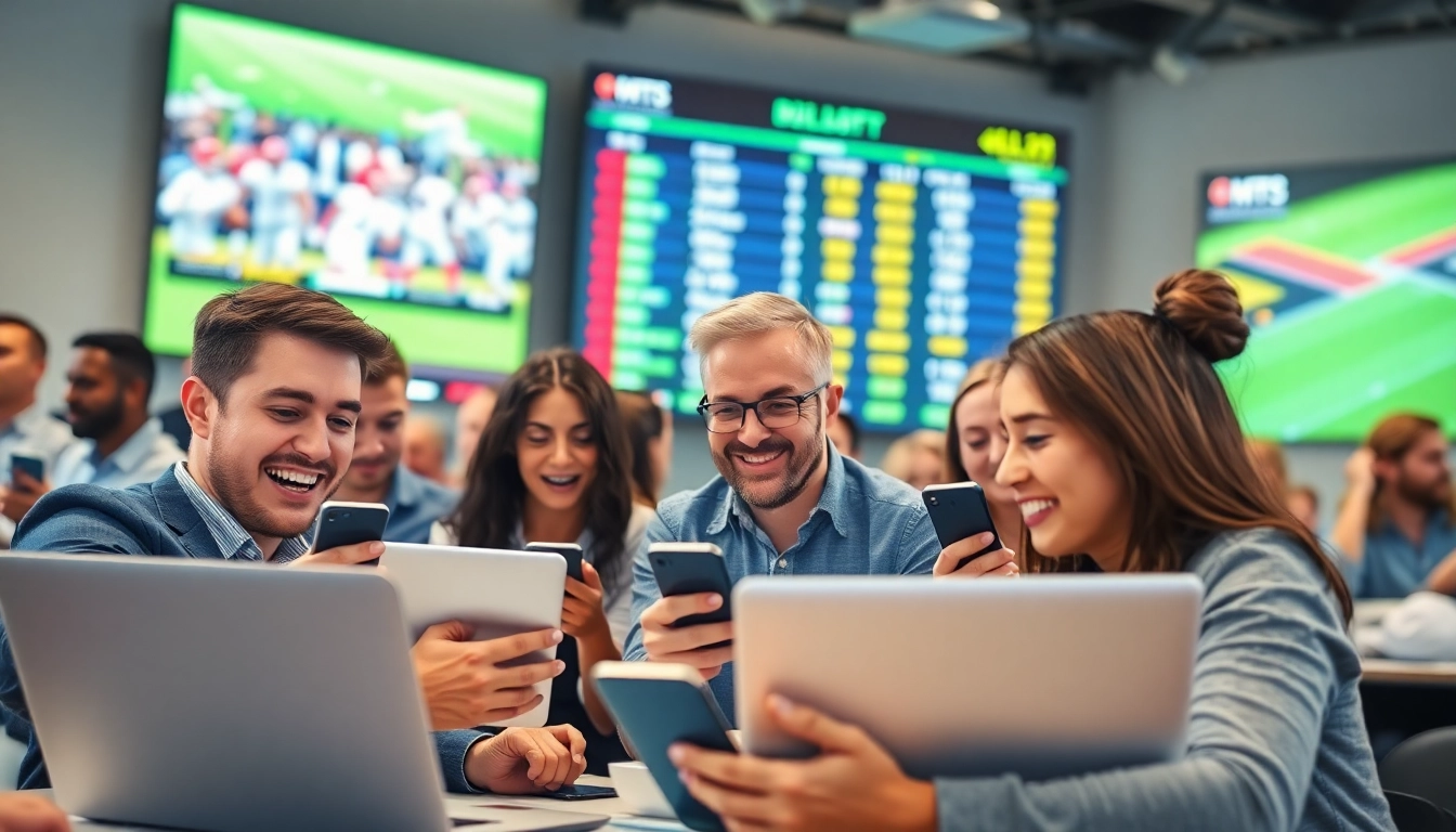 Engaged users in sports betting activity, showcasing excitement and dynamic odds updates.