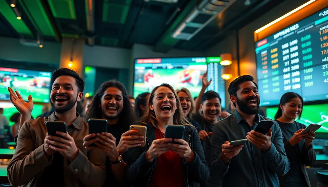 Engaged bettors experiencing online Betting excitement in a lively sports lounge.