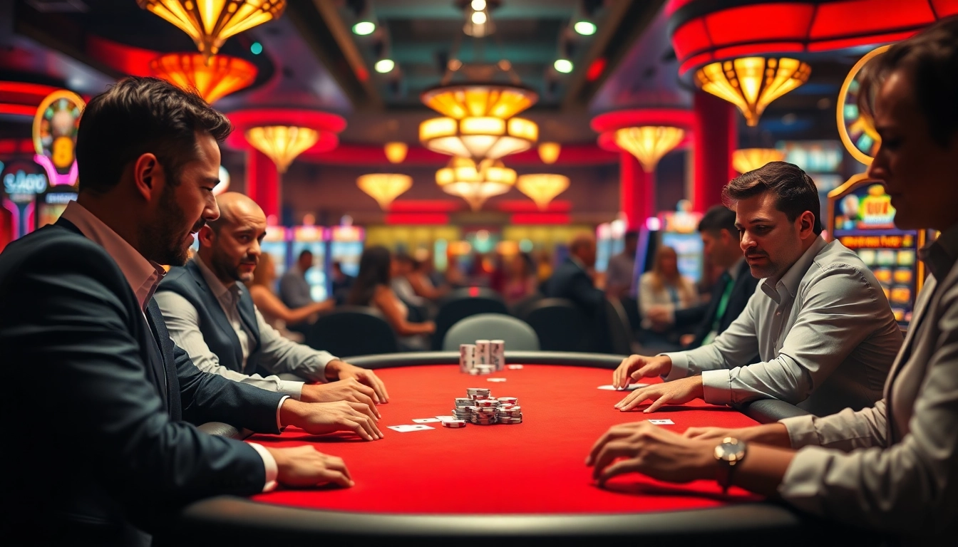 Engaging poker game at a casino table showcasing players in action and strategic moves.