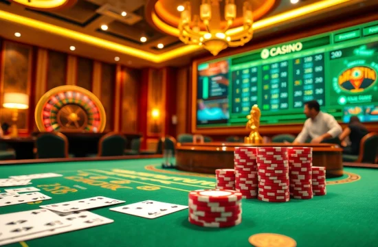 Experience the thrill of Trang Chủ BJ88 with a lively casino scene featuring poker chips and a roulette wheel.