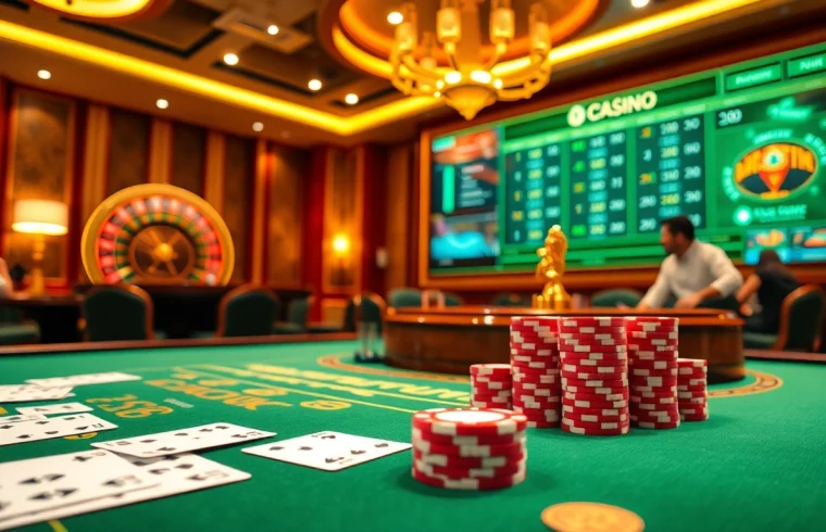 Experience the thrill of Trang Chủ BJ88 with a lively casino scene featuring poker chips and a roulette wheel.