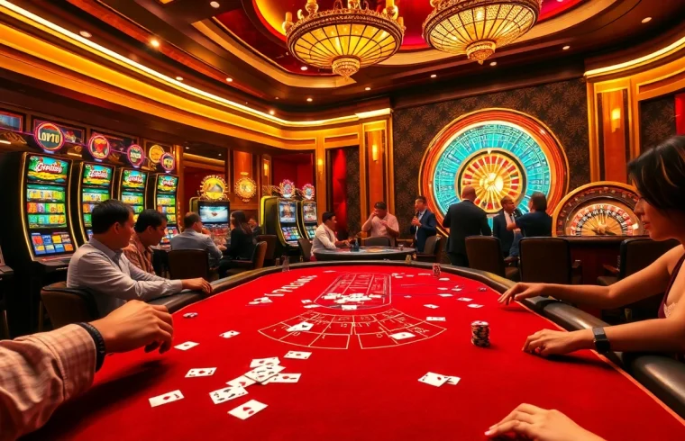 Experience thrilling gameplay at 7C77 one with vibrant casino tables, exciting slots, and luxurious ambiance.