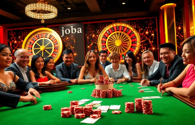 Engaging scene showcasing the excitement of trang chủ jbo gambling with players at a vibrant casino table.
