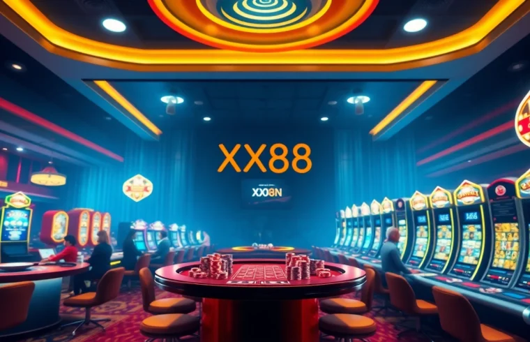 Exciting scene of Nhà cái xx88 online casino showcasing vibrant gaming tables and live dealers in an inviting atmosphere.
