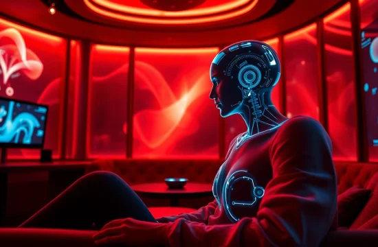 Engaging in sex ai chat with a captivating AI character in a luxurious digital lounge.