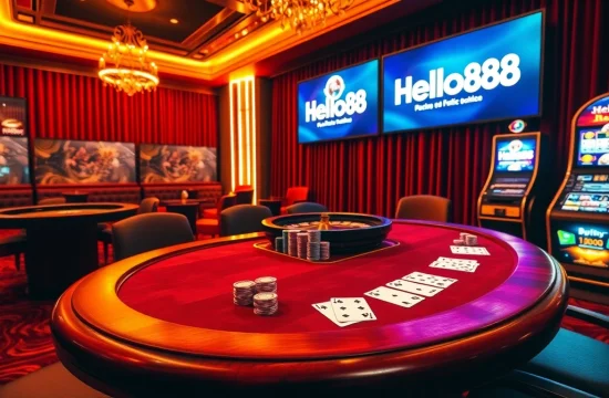 Hello88 elevates the thrill of gambling with a luxurious casino scene showcasing poker chips, cards, and a roulette wheel.