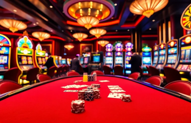 XX88 casino scene showcasing excitement in a vibrant gaming area with poker tables and slot machines.