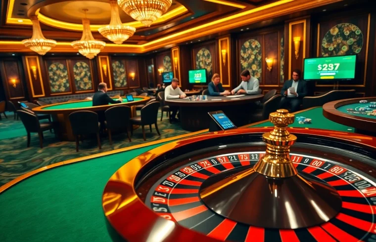 Experience excitement at https://xx88.vin/ with an elegant casino scene showcasing roulette, poker, and digital betting.