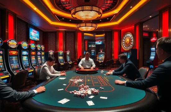 Experience the thrill of Hi88 com with vivid casino gaming visuals featuring poker and slot machines.