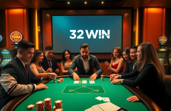 Gamblers enjoying a luxurious session at Nhà Cái 32WIN poker table, showcasing excitement and professional dealer.