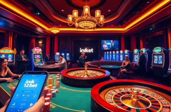 Immersive online gambling scene highlighting ink vao 12bet, featuring a vibrant poker table and slot machines.