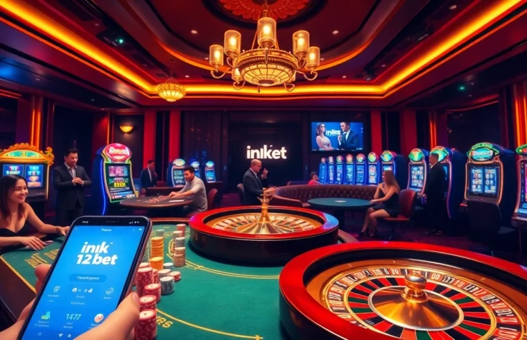 Immersive online gambling scene highlighting ink vao 12bet, featuring a vibrant poker table and slot machines.