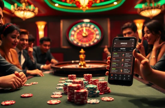 Engaging scene of players enjoying poker at MM88 HOW casino with vibrant chips and cards.