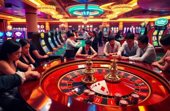 Engage with QQ888 gaming as players enjoy thrilling roulette and slots in a luxurious casino.
