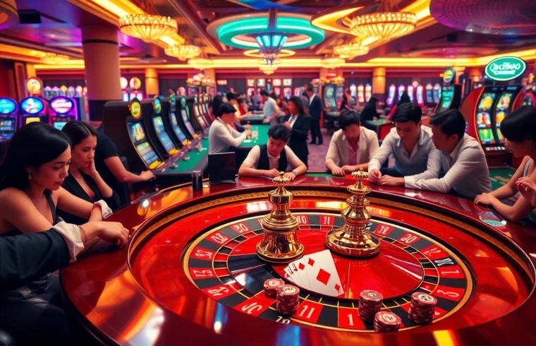 Engage with QQ888 gaming as players enjoy thrilling roulette and slots in a luxurious casino.