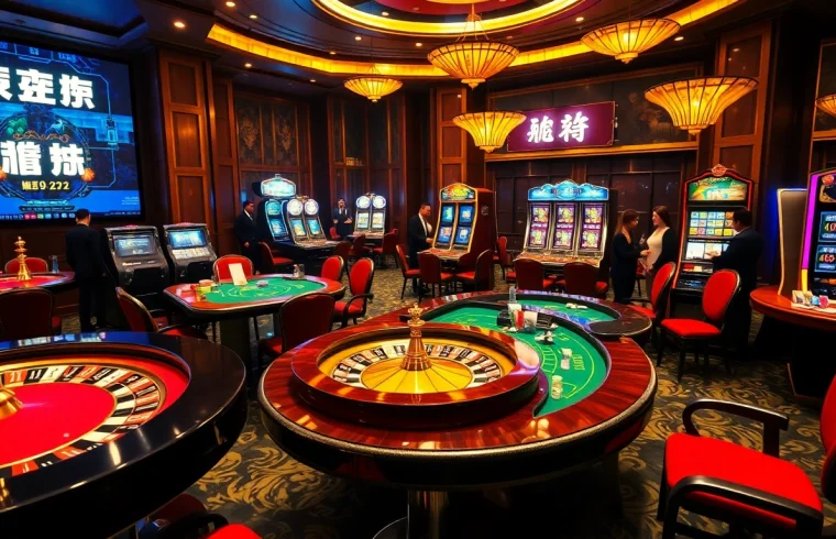 Experience excitement at a casino with "주소모음" links, poker tables, and vibrant slot machines.