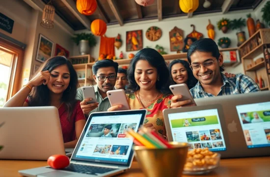 Dynamic marketplace scene illustrating Hela Add, showcasing diverse Sri Lankans engaging with digital classifieds.