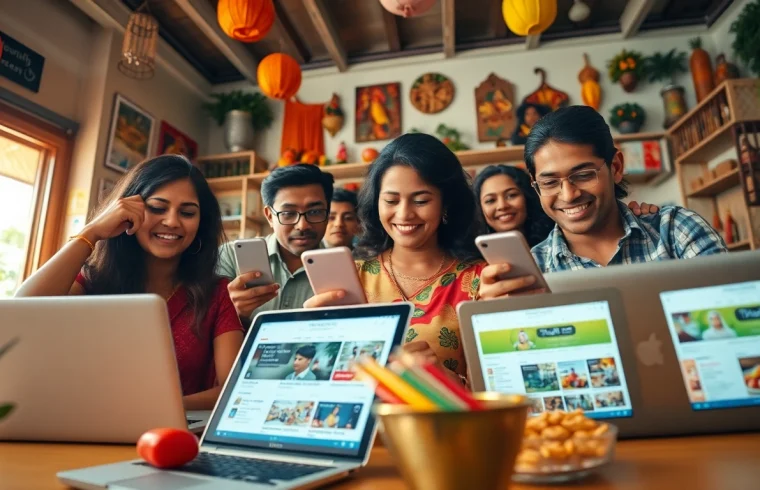 Dynamic marketplace scene illustrating Hela Add, showcasing diverse Sri Lankans engaging with digital classifieds.