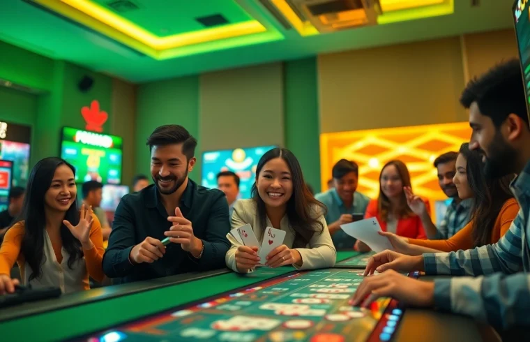 Players enjoying bolagacor games in a modern online casino setting filled with excitement and vibrant colors.