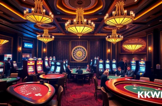 Engaging scene at Nhà Cái KKWIN casino featuring players at gaming tables and vibrant slot machines.