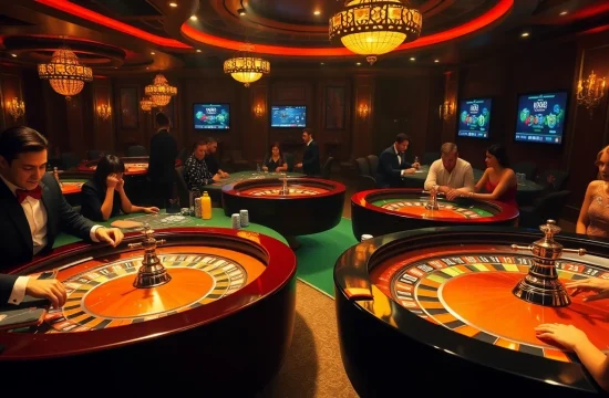 Experience the excitement of "new88 đăng nhập" as players engage in high-stakes poker and roulette in a vibrant casino setting.