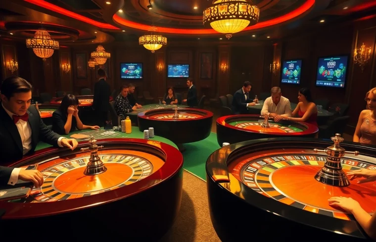 Experience the excitement of "new88 đăng nhập" as players engage in high-stakes poker and roulette in a vibrant casino setting.
