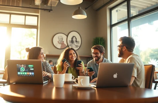 在舒适的咖啡店环境中使用 WhatsApp Web，并搭配 快连VPN 的朋友们。