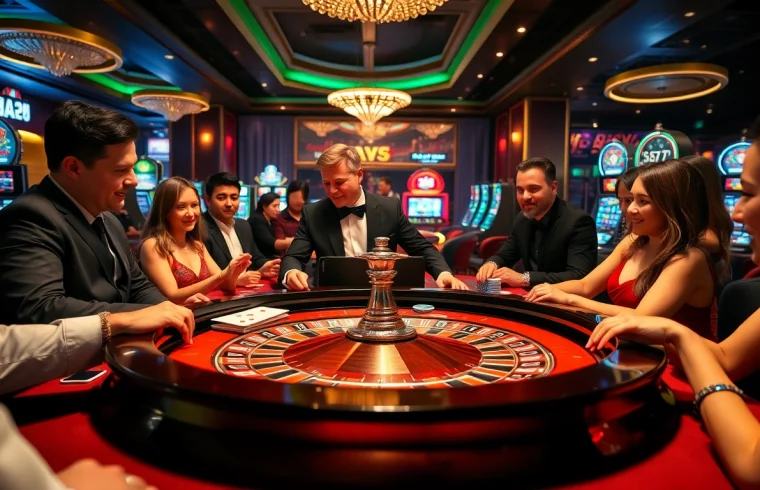 A thrilling casino scene at https://kk55.group with players at a roulette table, chips, and vibrant lights.