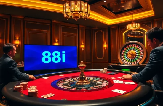 Players strategizing at a poker table in a vibrant 88i casino scene.