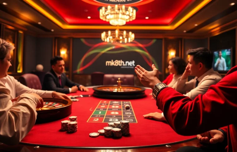 A player celebrating a win at a luxurious poker table on mk8th.net, surrounded by vibrant chips and a roulette wheel.