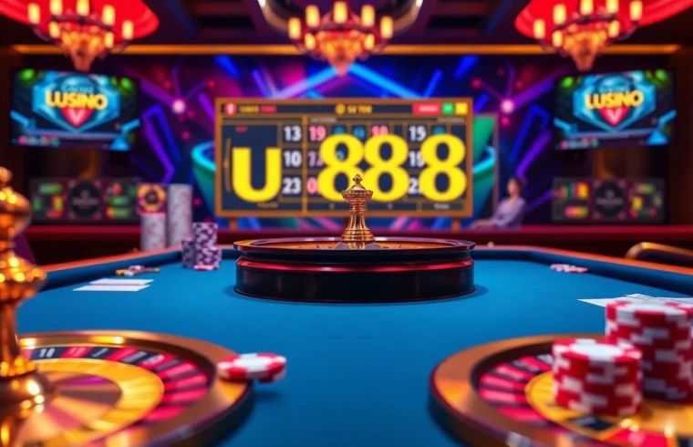 Engaging casino scene showcasing u888's vibrant poker chips and roulette wheel.