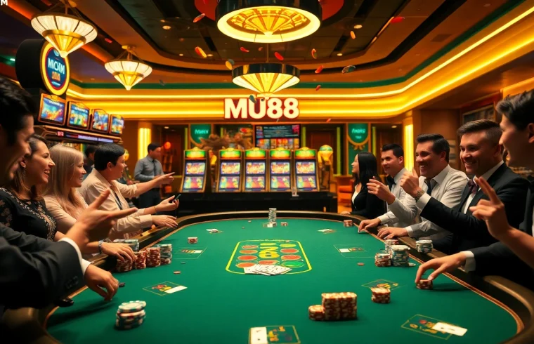 Exciting Mu88 casino scene with vibrant poker table and players celebrating wins.