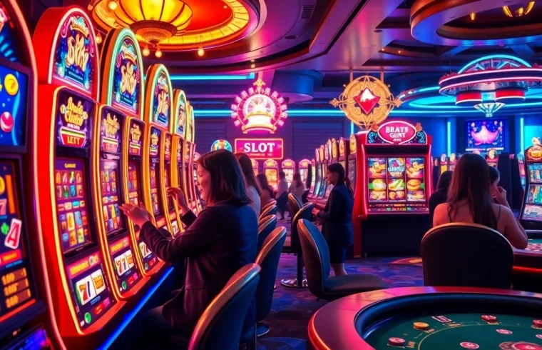 Excited players engaging with bk8 สล็อต in a luxurious casino environment filled with vibrant slot machines.