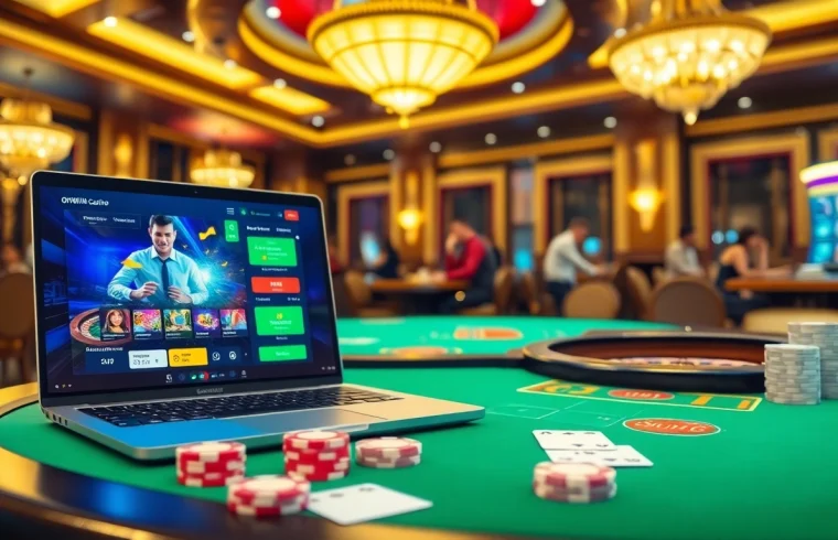 Engaging scene at https://okwin.blog/ showcasing online gambling excitement with poker and casino elements.