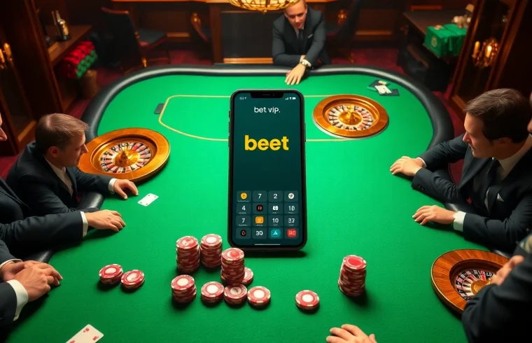 Ứng dụng bet vip được hiển thị trong một cảnh sòng bạc sang trọng, nổi bật sự phấn khích của cược với số tiền lớn.