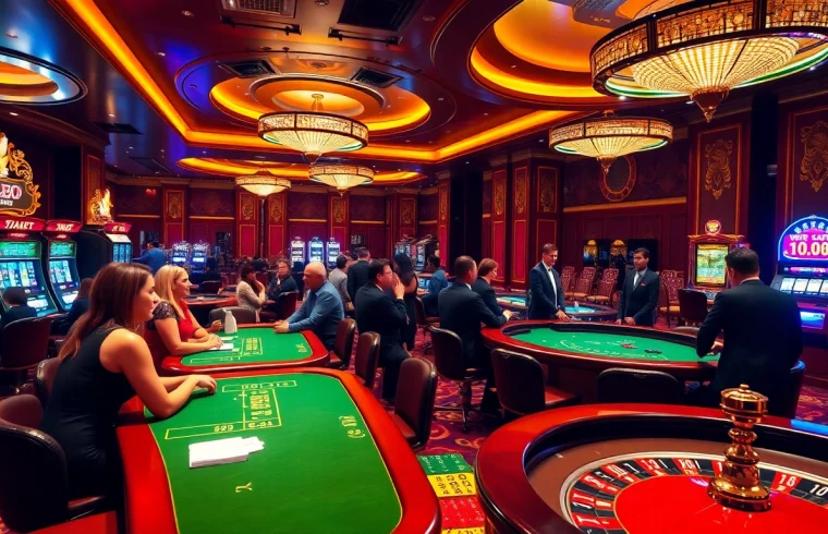 Sbobet offers thrilling online betting experiences against a backdrop of an elegant casino atmosphere featuring card tables and slot machines.