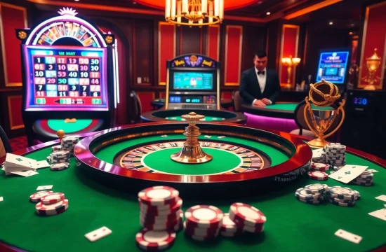 Engage in exciting gambling strategies at https://kk55.blue/ with a vivid casino scene featuring roulette and poker.