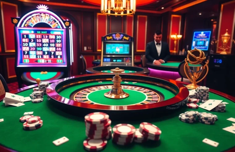 Engage in exciting gambling strategies at https://kk55.blue/ with a vivid casino scene featuring roulette and poker.