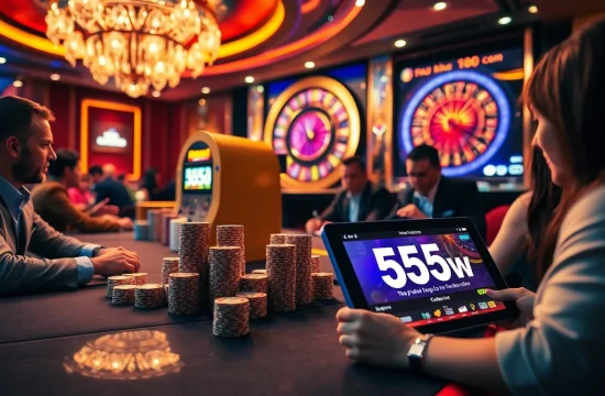 Players engaging with exciting games at 555win com, showcasing vibrant casino atmosphere and digital interfaces.