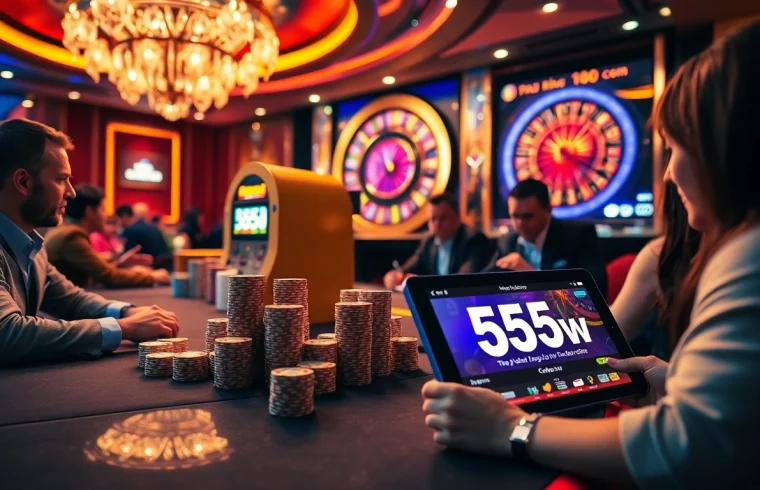 Players engaging with exciting games at 555win com, showcasing vibrant casino atmosphere and digital interfaces.