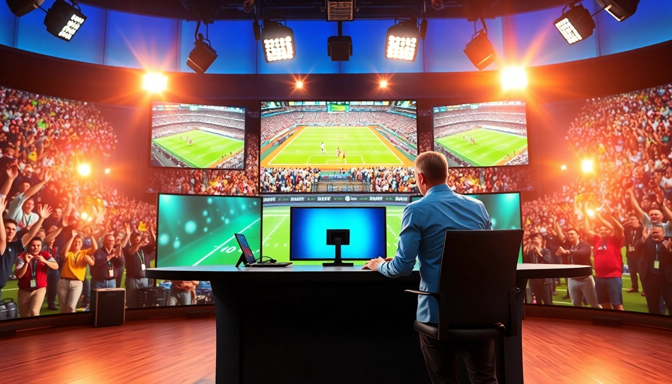 Dynamic sports broadcasting setup showcasing an announcer amid thrilling live game action.