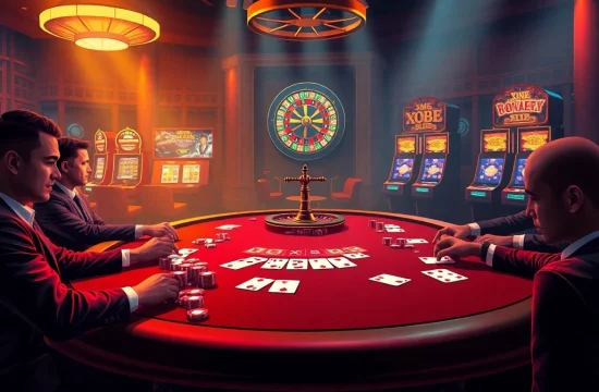 Experience excitement as players engage at the X88 poker table, surrounded by luxury casino elements.