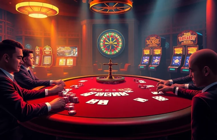 Experience excitement as players engage at the X88 poker table, surrounded by luxury casino elements.