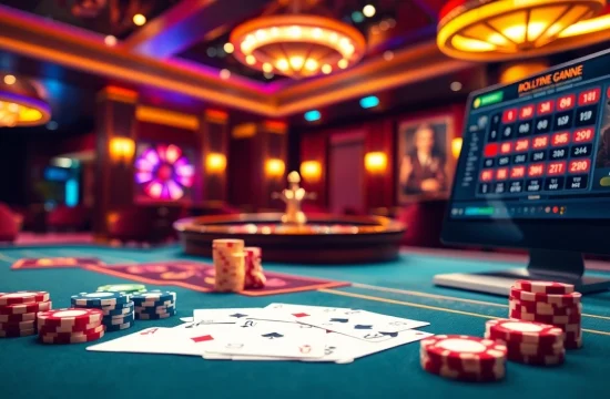 Engaging scene of a casino depicting 바이낸스 회원가입 with poker chips and a spinning roulette wheel.